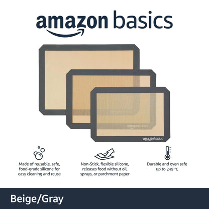 Amazon Basics Rectangular Non-Stick Silicone Baking Mat, Food Safe, Heat Resistant, 9"x13", 9.9"x14.8", and 16.5"x11.6", Beige/Gray, Pack of 3