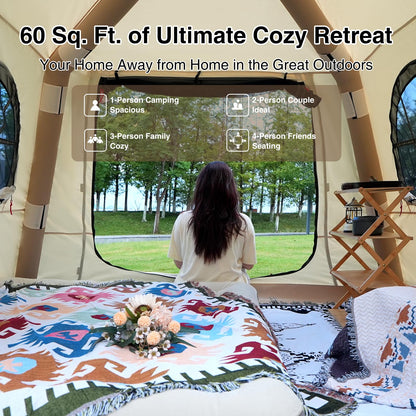 KNUO Inflatable Tent for Winter Camping 7.8x7.8ft Blow Up Air Tents, No Assembly Needed Luxury Glamping Tent for 1/2/3 People, Waterproof Oxford, Beige