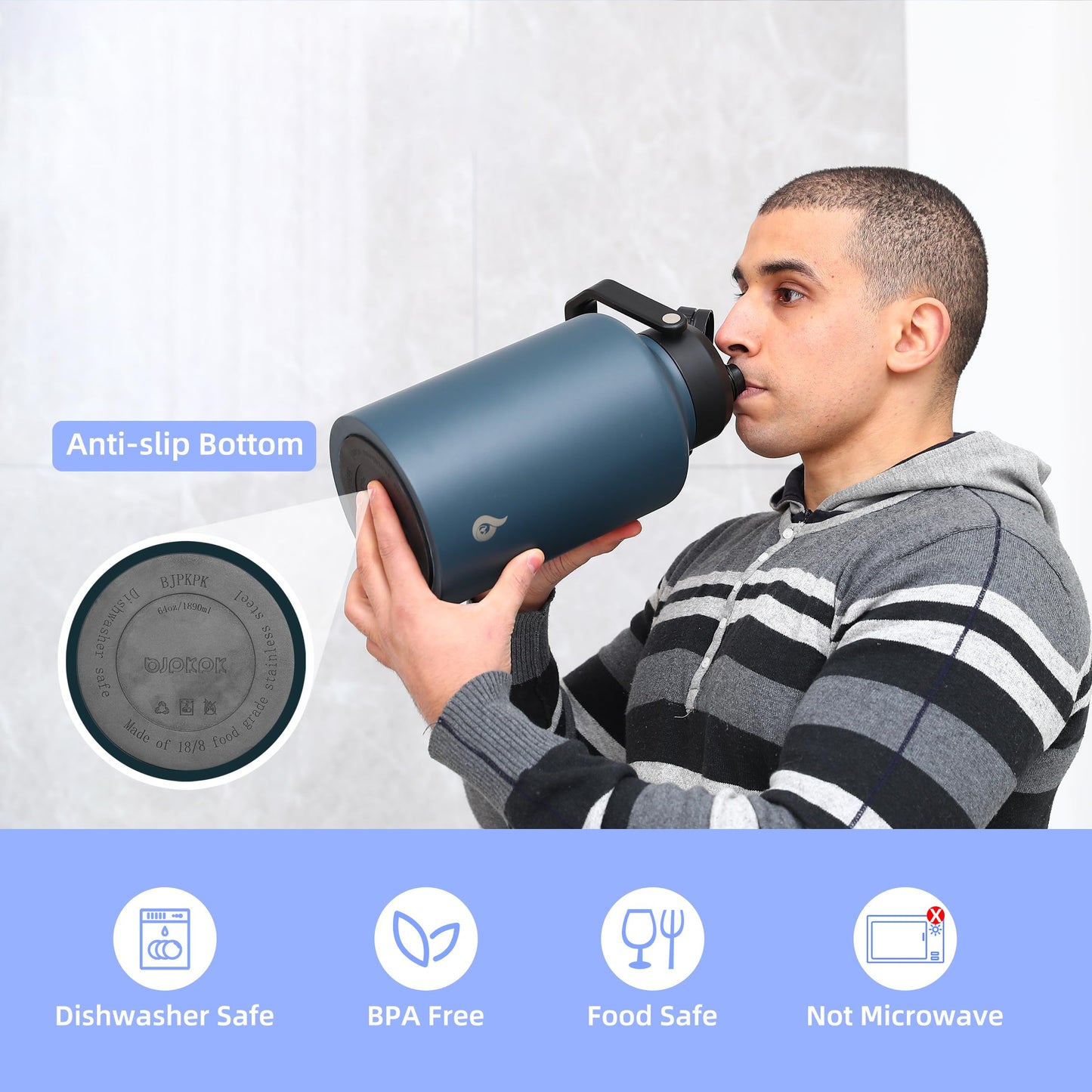 BJPKPK 64 oz Insulated Water Bottle, Dishwasher Safe Half Gallon Water Bottle with Ergonomic Handle, BPA Free Leak Proof Water Jug for Sports, Metal Jug with Anti-slip Bottom, Black