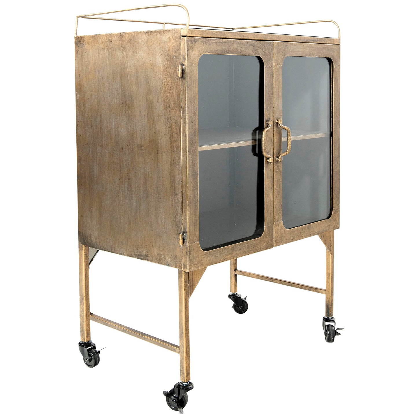 Creative Co-Op Vintage Metal Bar Cabinet with Glass Doors and Wheels, Antique Brass