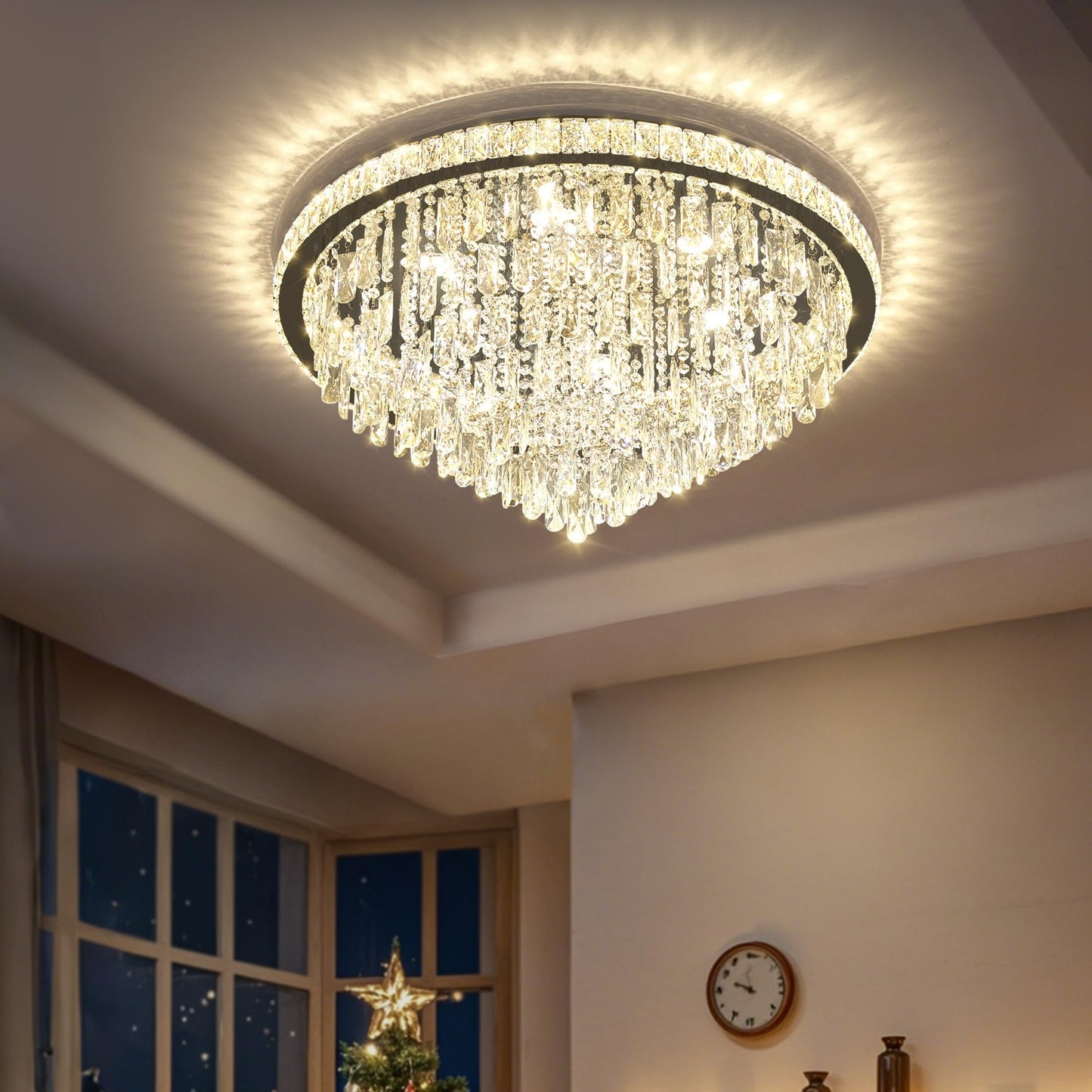 Dia 32" Modern Crystal Chandeliers LED Dimmable Living Room Chandelier Black Pendant Lighting Crystal Ceiling Light Fixture for Entrance Bedroom Hallway Foyer
