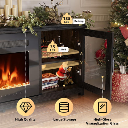 MXV 80" Fireplace TV Stand, Modern Entertainment Center with 50 Inch Smart Fireplace, Adjustable Shelf & Glass Door, Fire Place with WI-FI Enabled, TV Console for Living Room, Black