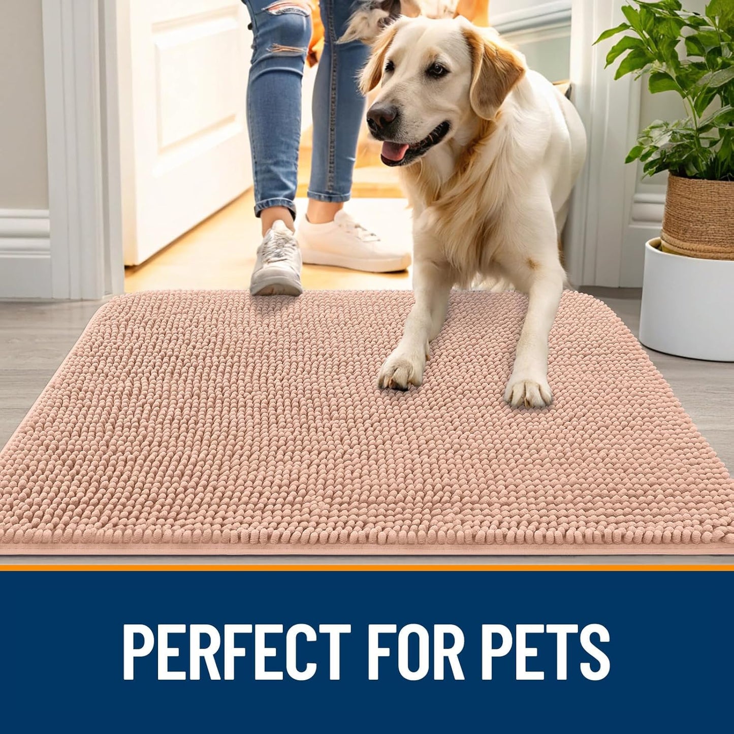 OLANLY Dog Door Mat - Absorbent Non-Slip Washable Doormat for Muddy Paws | 48x30 Peach Design