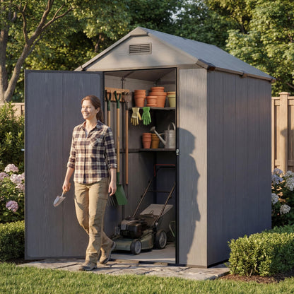 Patiowell 4x6 FT Plastic Outdoor Storage Shed with Floor, Resin Outside Shed with Lockable Door and Vents, Garden Sheds for Backyard, Patio, Lawn Mower, Dark Grey