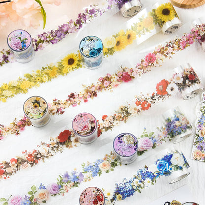 DAPUTOU 6 Rolls PET Washi Tape 50mm Wide Flowers Transparent Ephemera Light Decorative Aesthetic Floral Stickers Set for Junk Journaling, Scrapbook Supplies, Crafting, DIY Projects