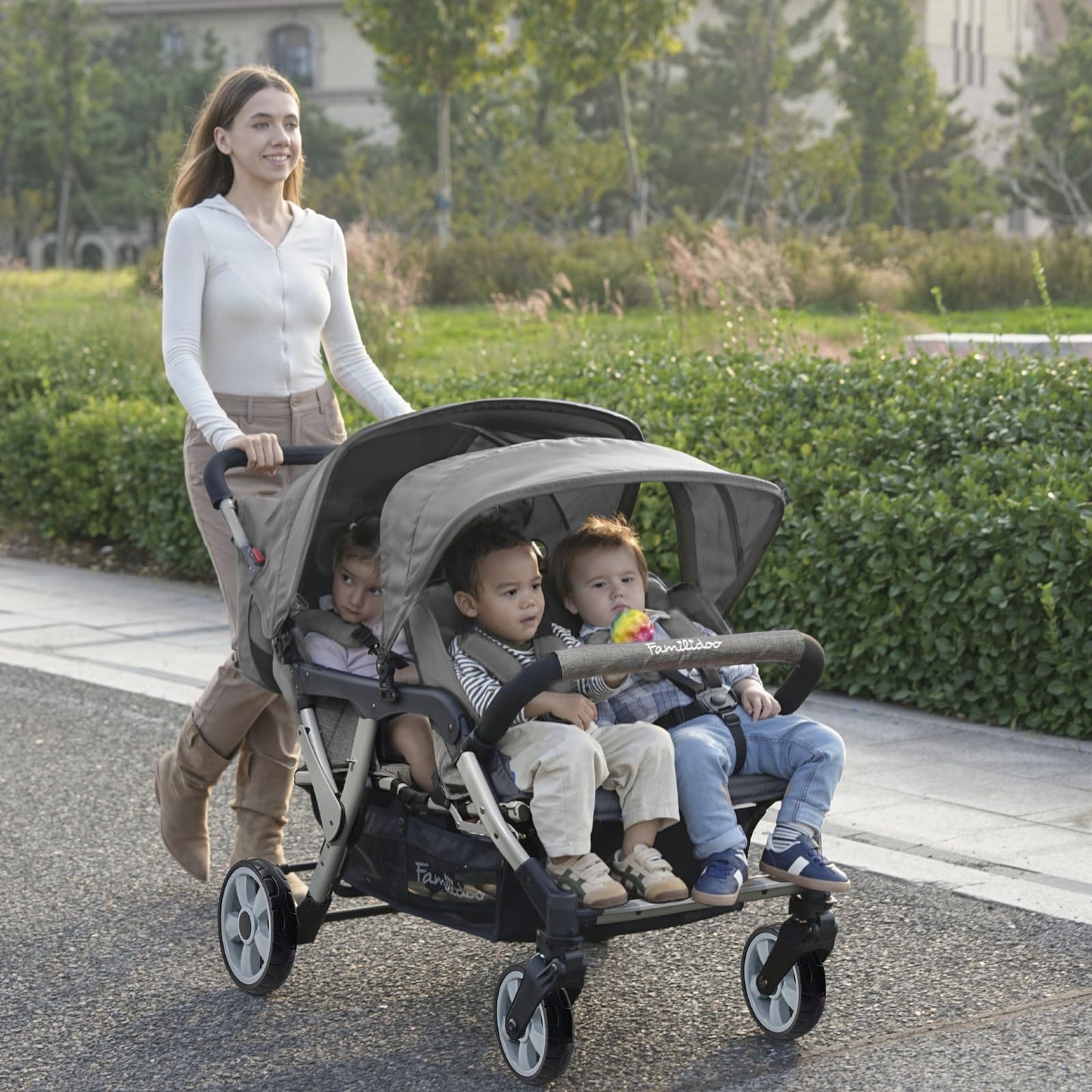 Familidoo H4E Quad Stroller Wagon for Kids, 4-Seater Daycare Baby Stroller with 5-Point Safety Harness, Lightweight & Foldable with All Reclining Seats, Double Canopy & Rain Cover (Gray)