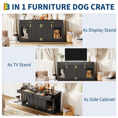 GarveeHome 71'' Double Wooden Dog Crate Furniture for 2 Dogs, with Removable Divider, Sliding Door & 2 Drawers, Decorative TV Stand for Living Room, Fits Small Medium Large Dogs
