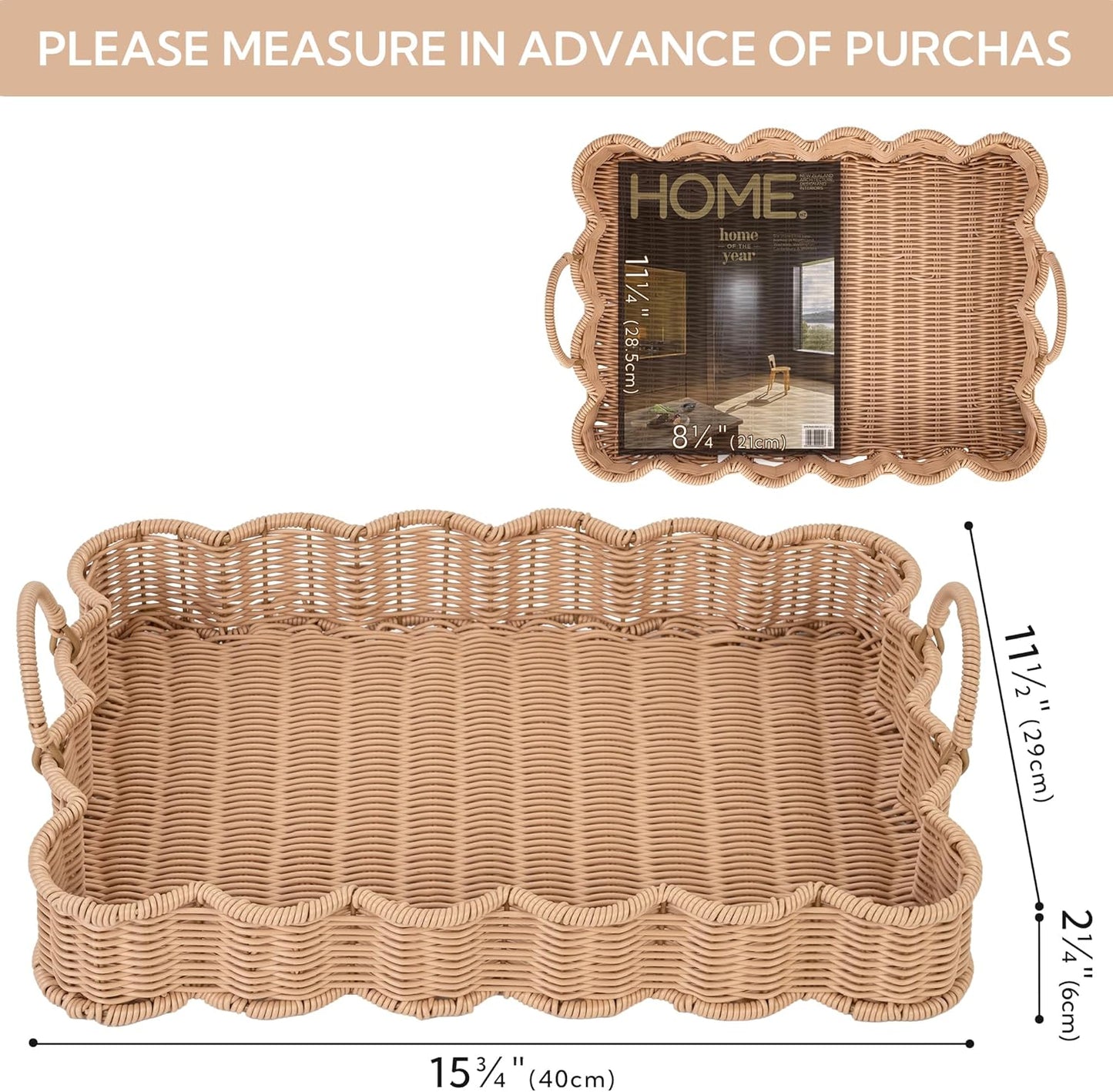 15 "11 "2 GRANNY SAYS Scalloped Edge Rectangle Wicker Serving Tray, Coffee Table Tray, Serving Trays with Handles