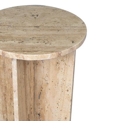 JONATHAN Y Javier Solid Travertine Marble End Table, 14-inch Round Modern Accent Side Table with Geometric Cross Base for Living Room, Bedroom, Glossy Natural Stone, Fully Assembled MTB1103C