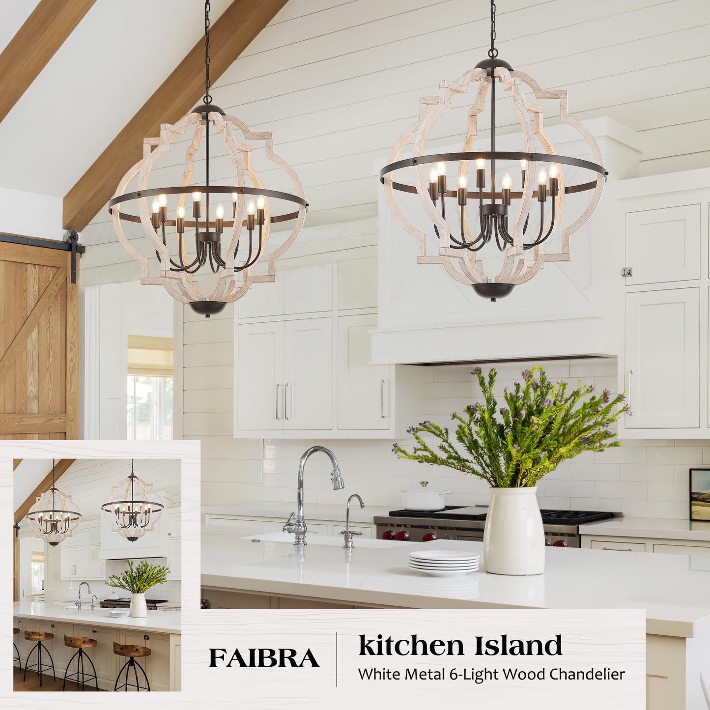 Faibra 8-Light Wood Pendant Light,31.96'' Vintage Rustic White Wood Chandeliers,Retro Industrial Hanging Light Fixtures for Dining Room Entryway, Bedroom