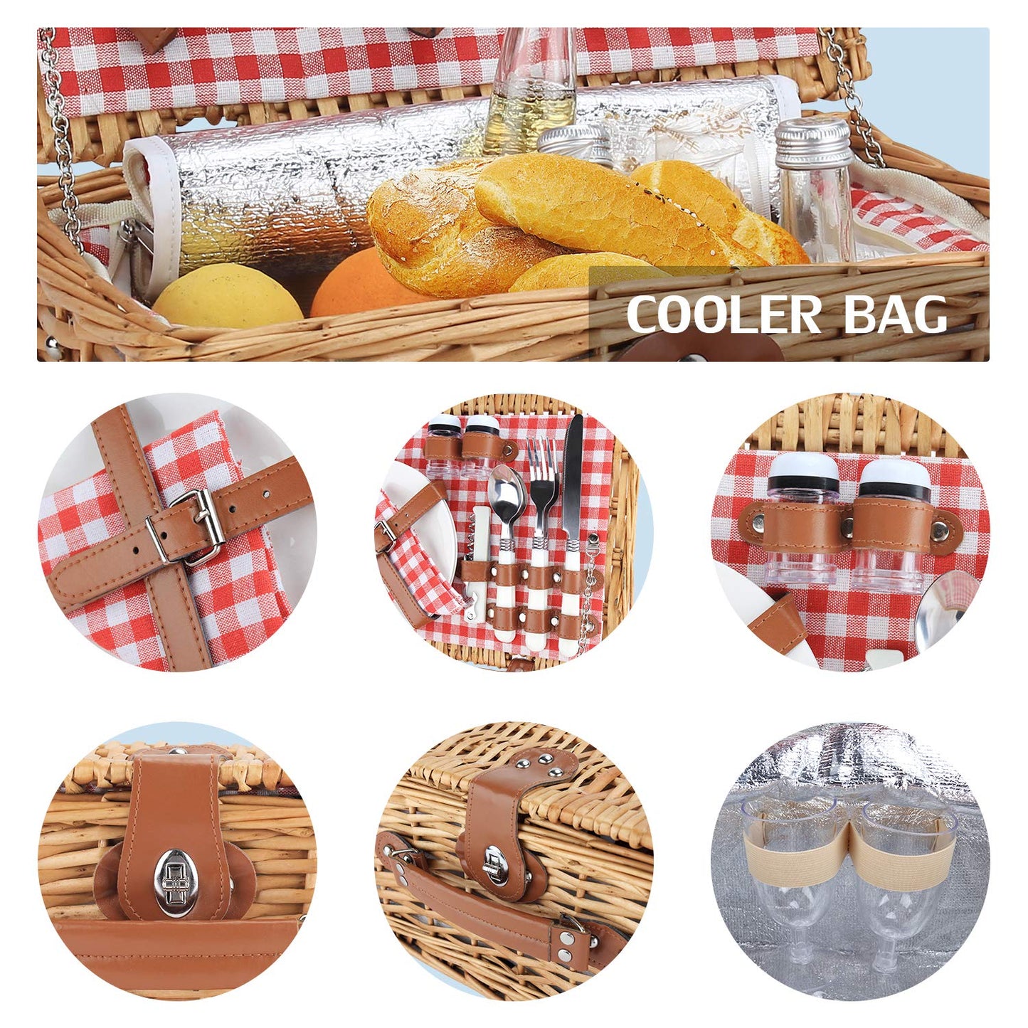 ZORMY Wicker Picnic Basket for 2 Person, Willow Hamper Basket Sets with Insulated Compartment, Handmade 2 Person Picnic Basket Classical Red Check with Utensils Cutlery Perfect for Picnic, Camping