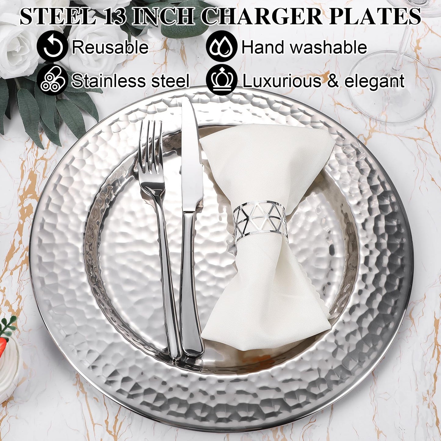 FillTouch 12 Packs Chargers Plates Bulk 13 Inch Stainless Steel Hammered Rim Round Elegant Dinner Plates Luxury Decorative Chargers for Wedding Party Catering Upscale Events (Silver)