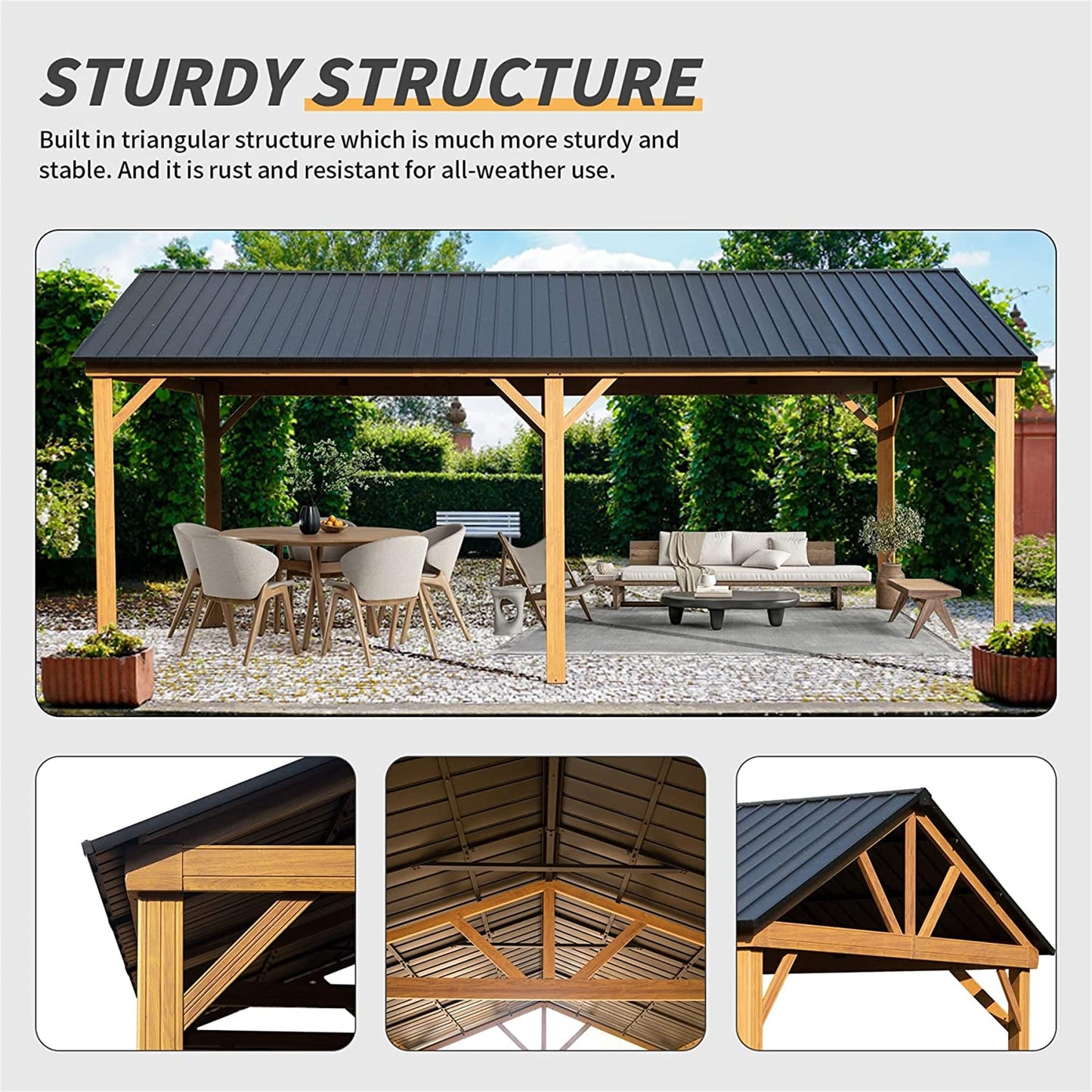 GOWE 12x20ft Hardtop Gazebo, Galvanized Steel Gable Roof Gazebo Pergola with Wood Grain Aluminum Frame, Outdoor Permanent Gazebo Pavilion for Patio, Garden (Yellow Brown)