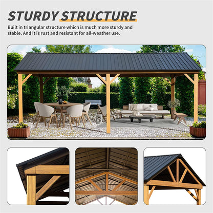 GOWE 12x20ft Hardtop Gazebo, Galvanized Steel Gable Roof Gazebo Pergola with Wood Grain Aluminum Frame, Outdoor Permanent Gazebo Pavilion for Patio, Garden (Yellow Brown)