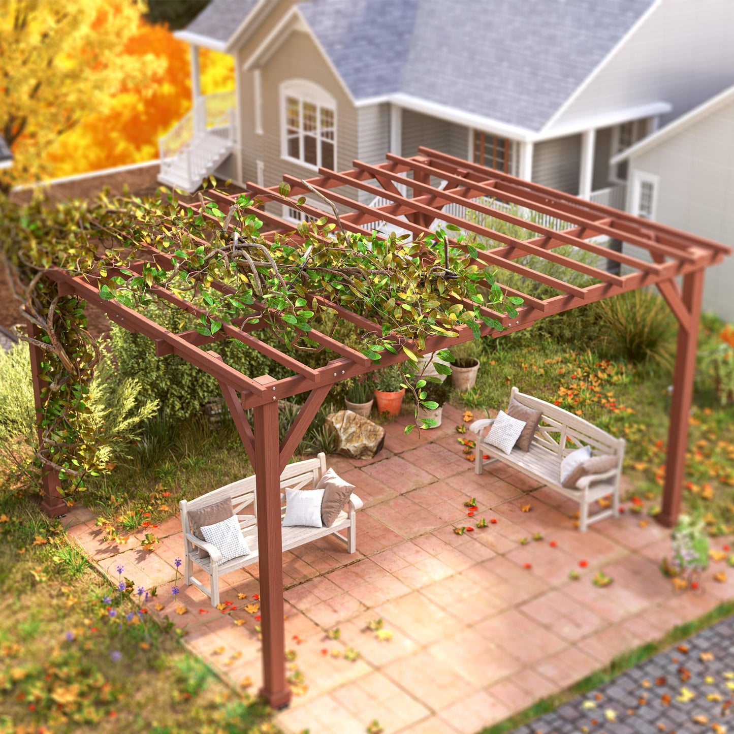 Outsunny 11' x 12.5' Outdoor Wood Pergola with Grape Trellis with Stable Structure for Climbing Plant Support for Patio, Deck, Backyard, Lawn, Brown