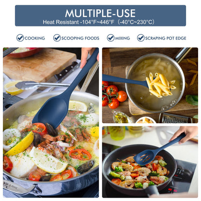 HOTEC 446°F Heat Resistant Silicone Cooking Spoon Spatula, BPA Free Large Kitchen Solid and Slotted Spoons for Mixing, Serving, Scraping, Non-stick, Dishwasher Safe Classic Blue 12.5inch