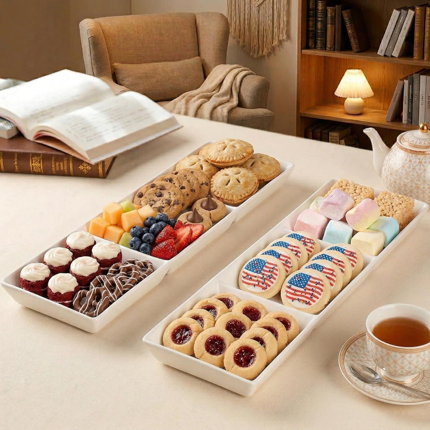 DELLING 16x5 Inch Ceramic 3-Section Serving Tray Set of 3, Stackable Divided Serving Platter - White Porcelain Appetizer Tray for Snack Food Dessert, Dishwasher Safe