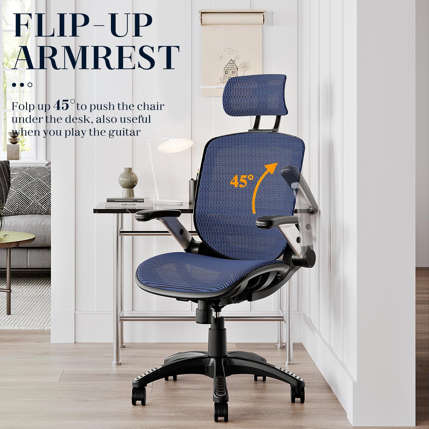 GABRYLLY Ergonomic Office Chair, High Back Mesh Desk Chair with Adjustable Headrest, Flip-Up Arms, 90-120° Tilt Lock, Lumbar Support and Comfy Seat, Swivel Computer Task Chair, Blue