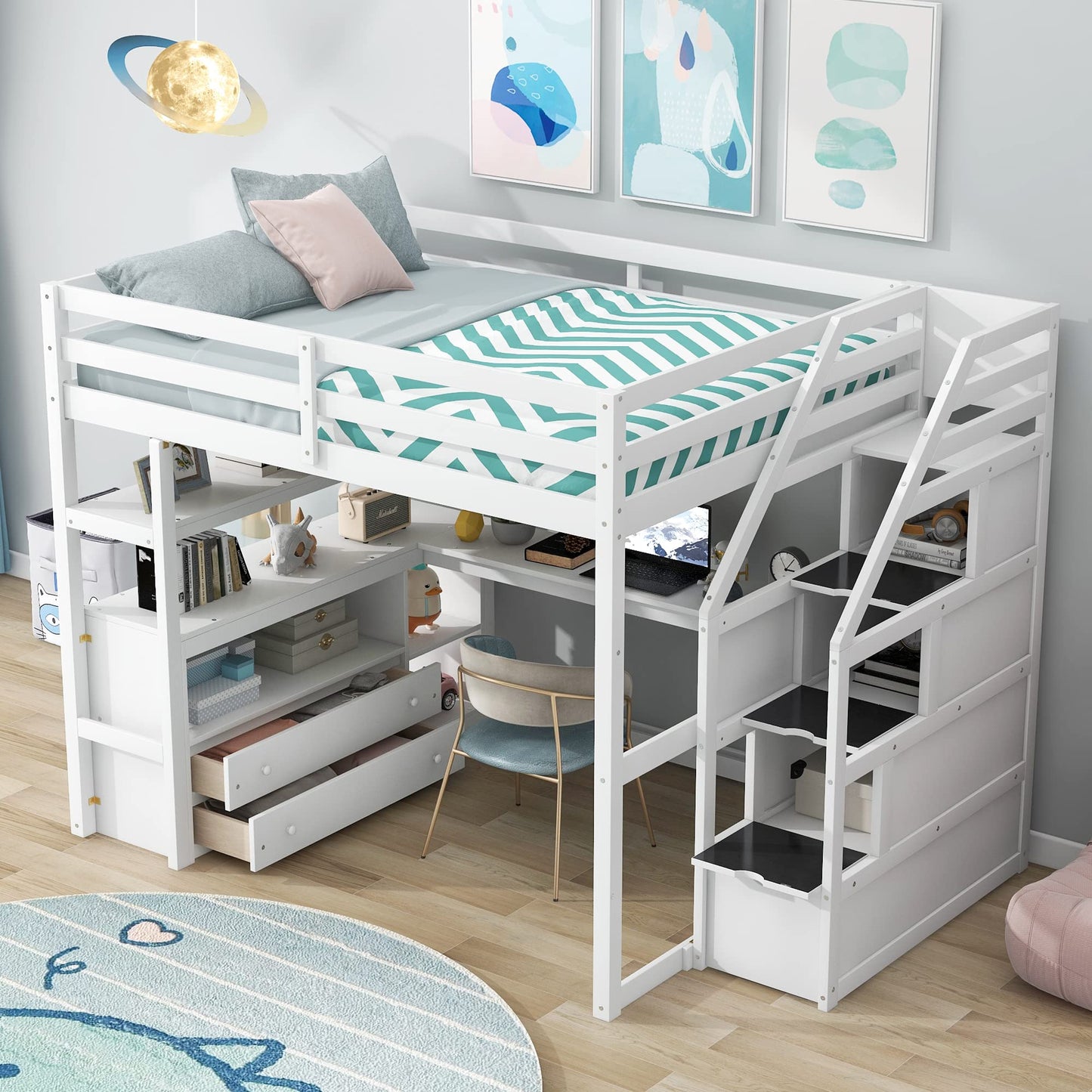 Brisca Full Size Loft Bed with Desk and Shelves,Multifunctionl Bedroom Bed Frame w/Two Built-in Drawers & Storage Staircase,Solid Wood Slats Support,for Kid Adult Boy Girl Teens,White