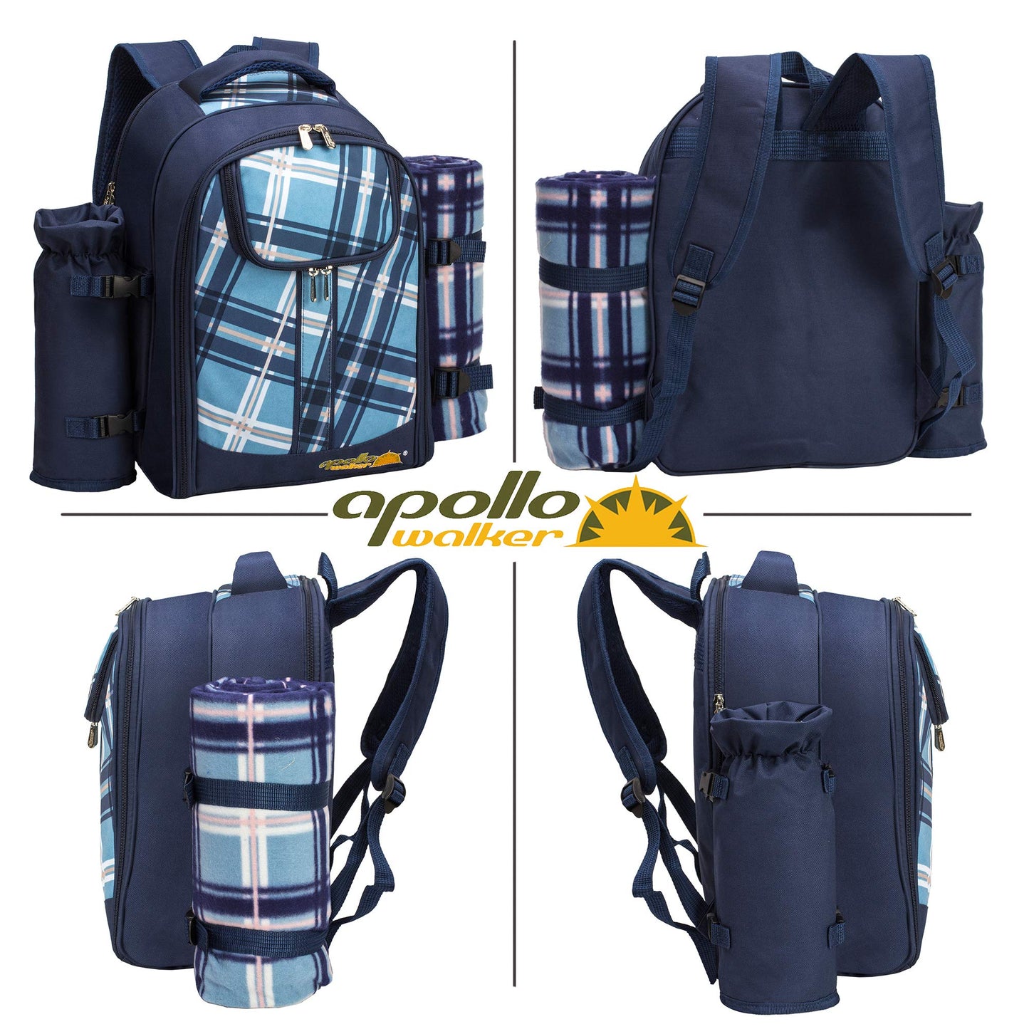 Apollo walker Picnic Backpack Set for 4 with Cooler Compartment,Detachable Bottle/Wine Holder Including Large Picnic Blanket(45"x 53") for Picnic Family and Lovers Gifts,Outdoor,BBQ Time (Blue)