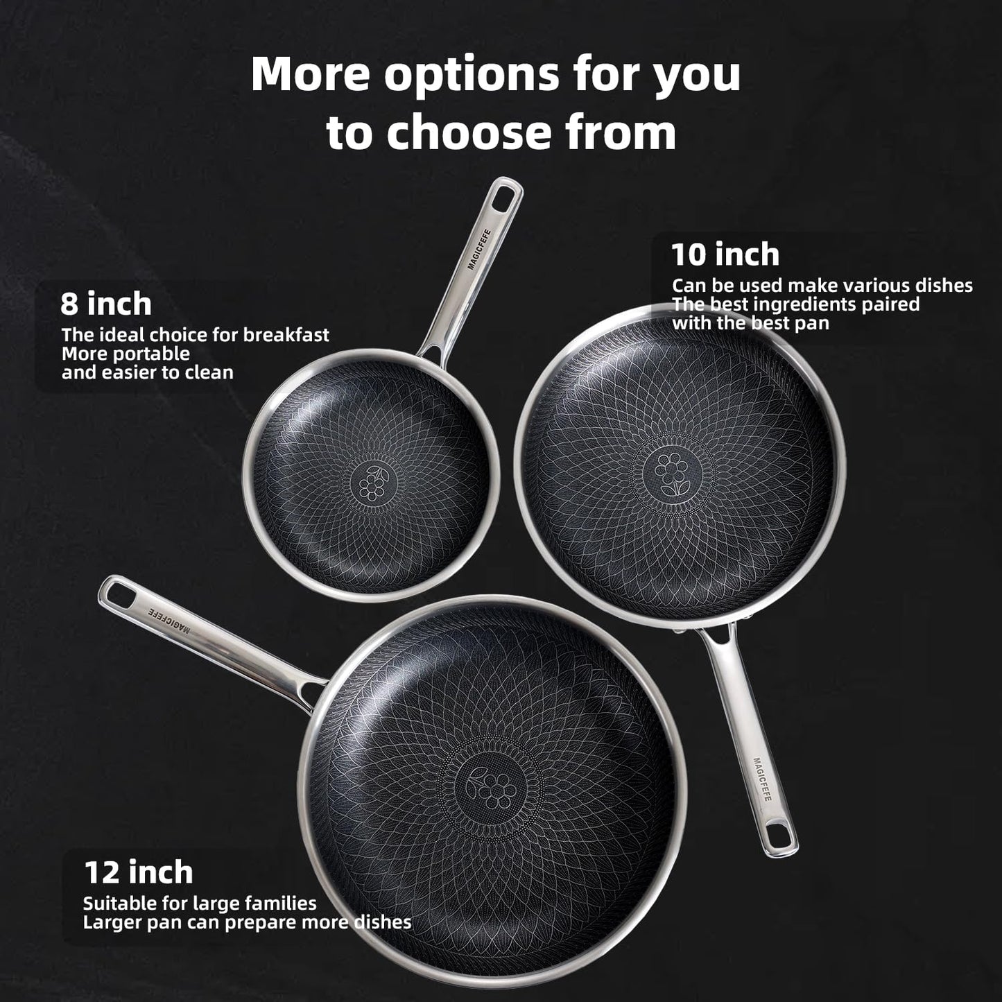 MAGICFEFE Non Stick Frying Pan 12 Inch with Lid, Hybrid Nonstick Stainless Steel Skillet Pan with Stay-cooling Handle, PFOA Free Non Toxic Dishwash & Oven Safe, Induction Ready, All Cooktops