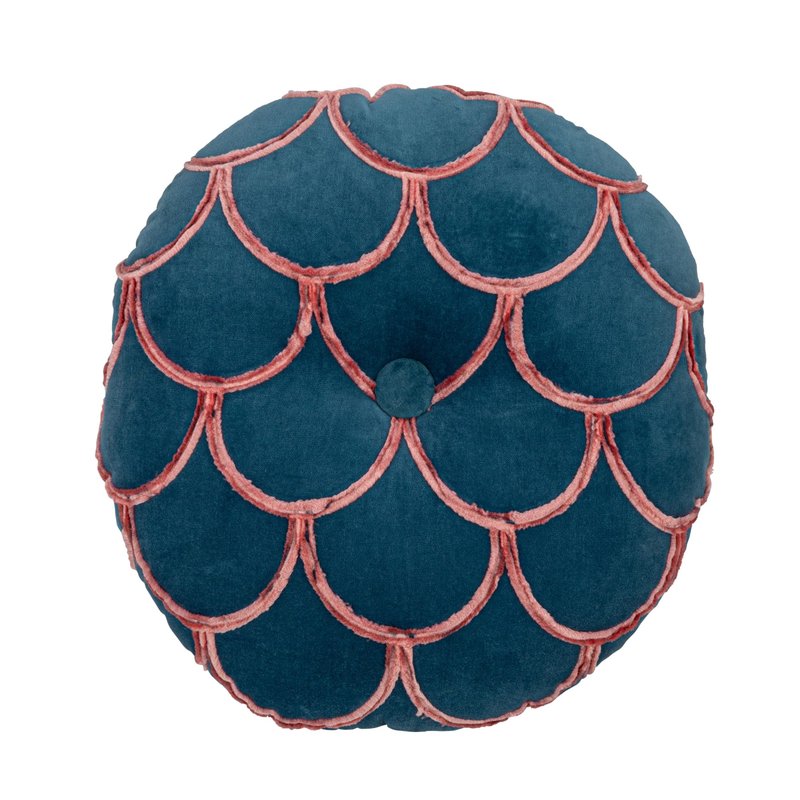 18 Inches Round Cotton Pillow with Tufted Scallop Pattern, Navy Blue and Pink