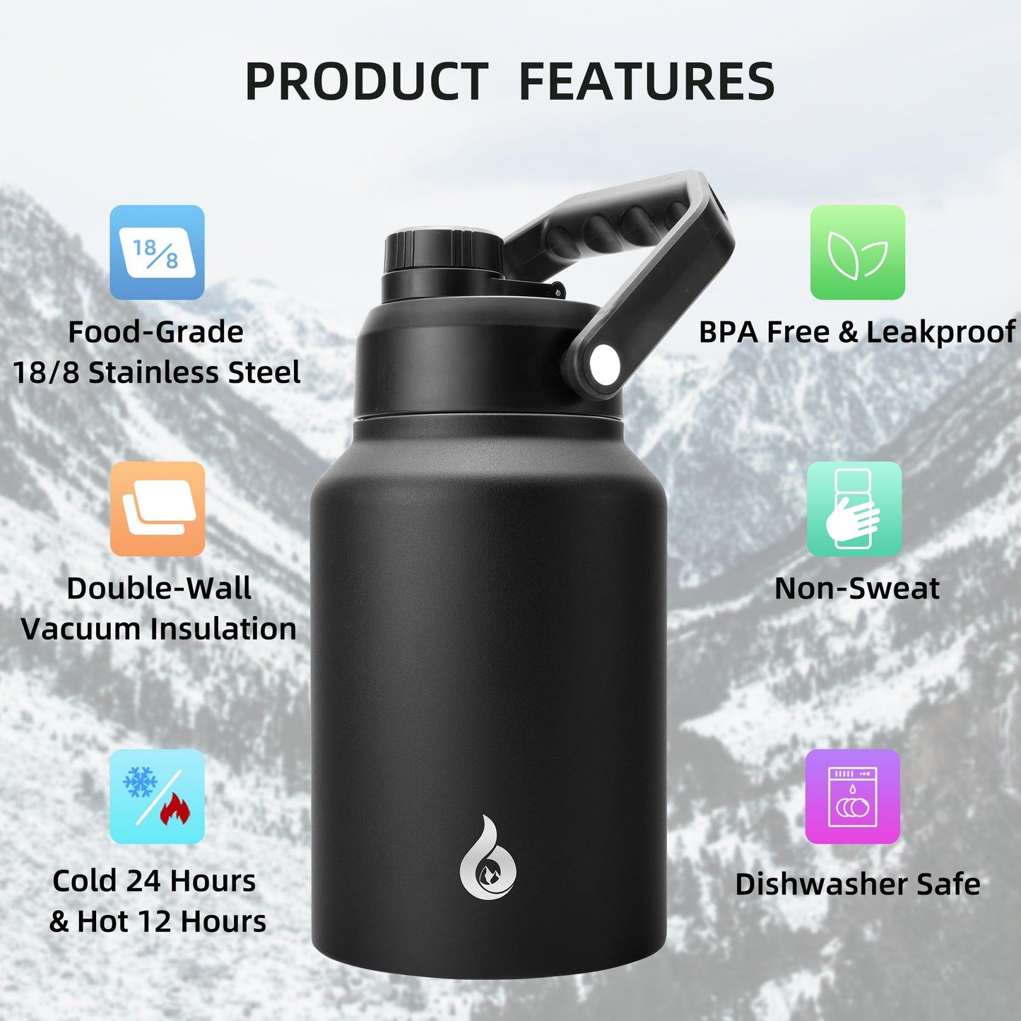 BJPKPK 64 oz Insulated Water Bottle, Dishwasher Safe Half Gallon Water Bottle with Ergonomic Handle, BPA Free Leak Proof Water Jug for Sports, Metal Jug with Anti-slip Bottom, Black