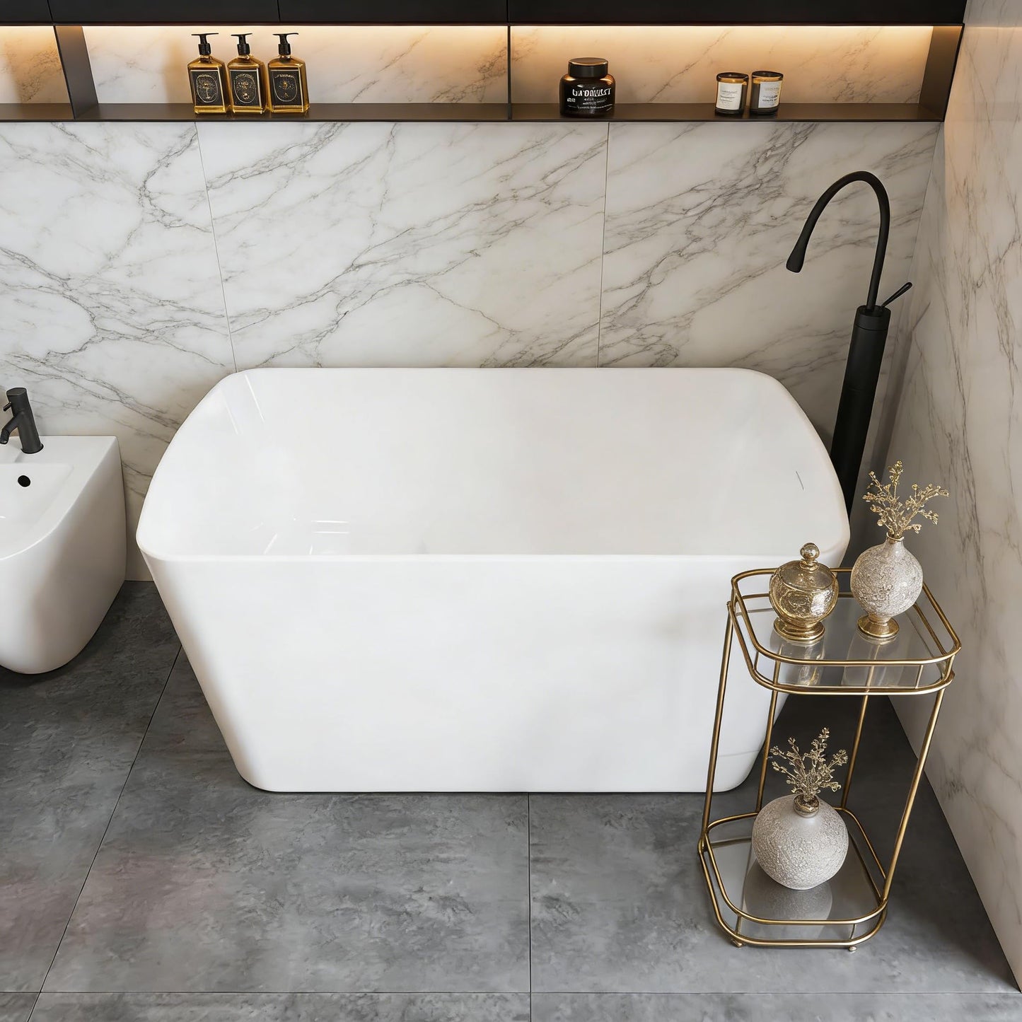 49" Acrylic Freestanding Soaking Bathtub, Matte Drain & Black Overflow, Modern Design Tub for Home Bathroom Renovations, Glossy White