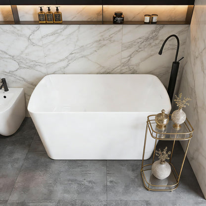 49" Acrylic Freestanding Soaking Bathtub, Matte Drain & Black Overflow, Modern Design Tub for Home Bathroom Renovations, Glossy White