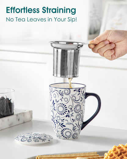 vancasso SELENE Porcelain Tea Mug, 18 oz Porcelain Tea Cup with Infuser and Lid Steeps Loose Leaf Tea, Microwave & Dishwasher Safe, Floral Bloom
