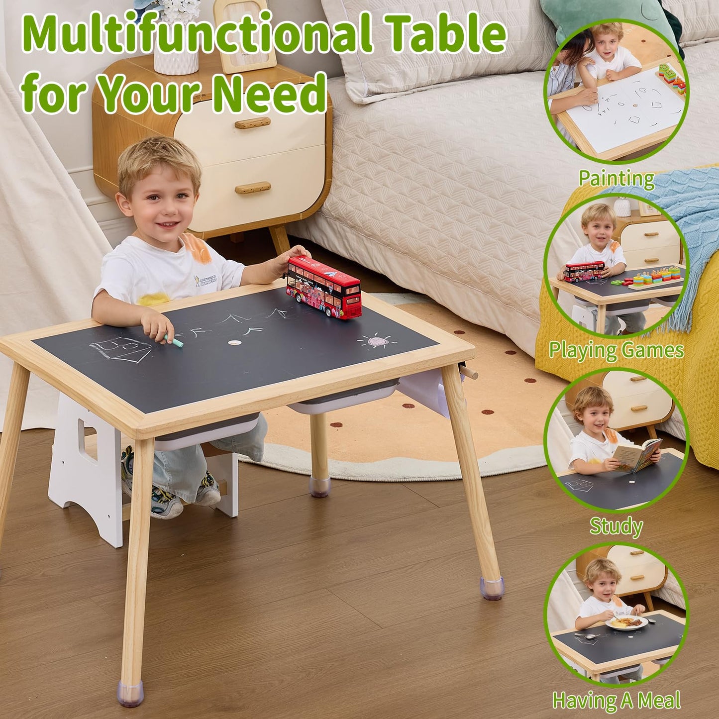 WOOD CITY Sensory Table for Toddlers Kids, Wooden Activity Table for Play Study Paper Roll Holder Indoor/Outdoor Montessori Play Sand and Water Table with Foldable Toys Storage Bins