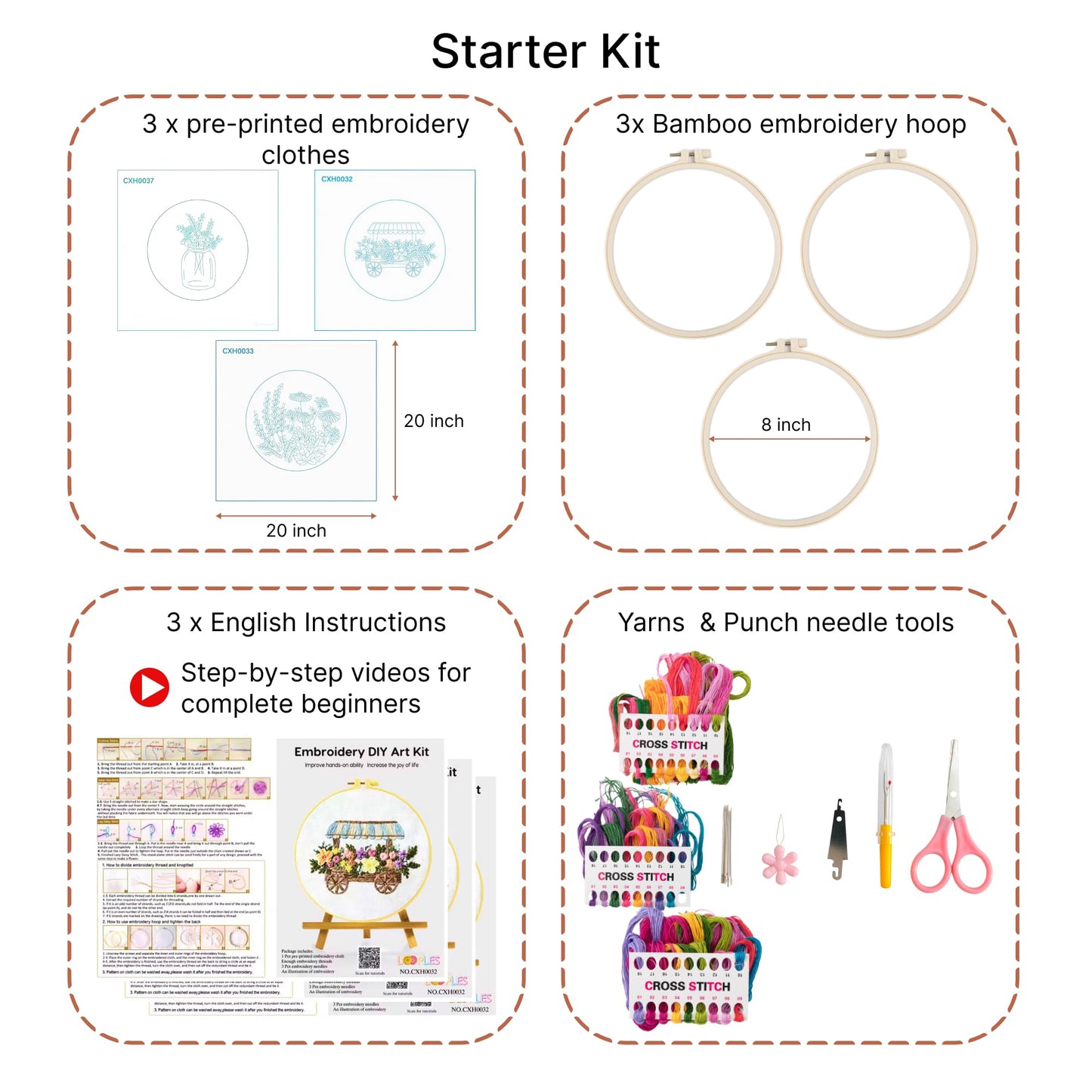 Looples Embroidery Kit for Beginners and Adults with Video Tutorials – DIY Starter Kit with 3 Stamped Floral Patterns, Hoops, Threads, Needles, and Instructions - Cart, Glass Jar, and Flowers