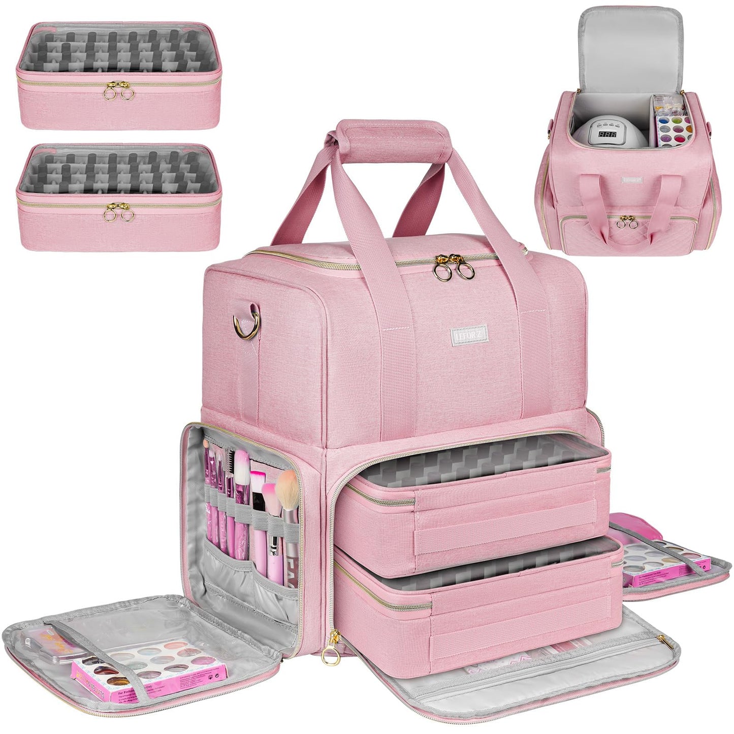 Nail Polish Organizer Holds 80 Bottles and a Nail Lamp,Nail Polish Carrying Case with 2 Removable Bags,Nail Organizers and Storage for Nail Tech,Portable Nail Polish Holder for Nail Supplies,Pink
