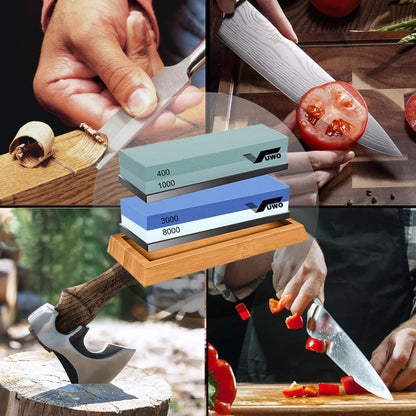 vuwo Knife Sharpening Stone Kit - Whetstone Grit 400/1000 3000/8000 Premium Knife Sharpener Wet Stone Set with Bamboo Base Angle Guide Leather Strop Flattening Stone Silicon holder