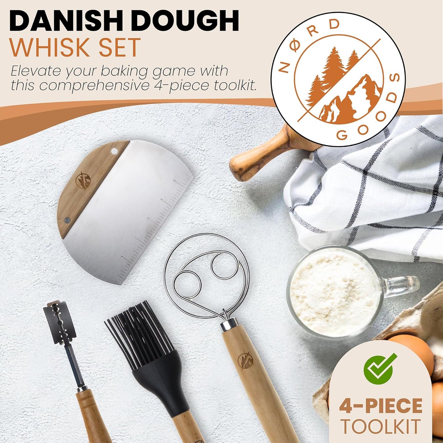 Danish Dough Whisk Kit for Sourdough, 4 Pcs Bread Making Tools with Whisk, Bench Scraper, Bread Lame & Brush