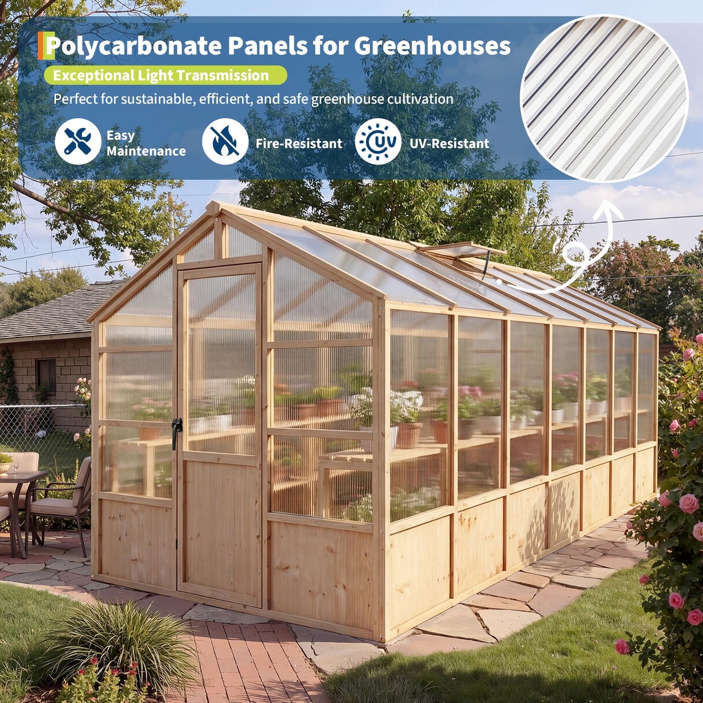 Wooden Greenhouse Kit with 4mm Polycarbonate Panels & 2 Adjustable Ventilation - Heavy Duty Wood Large Outdoor Greenhouse with Lockable Door for Garden, Backyard, Patio, Lawn Walk-in Green House