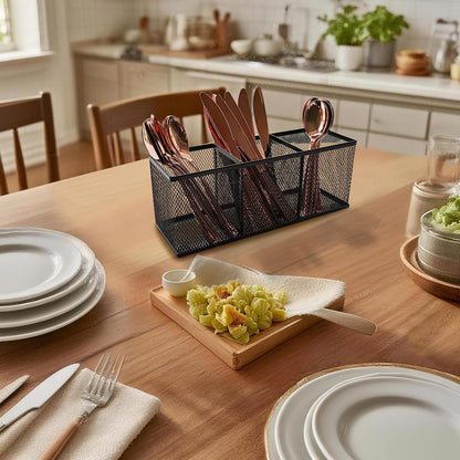 Metal Mesh Pencil Holder, Spacious 3-Compartment Desk Organizer for Pens, Makeup Brushes, Utensils, Multipurpose Office, School ,Kitchen, Home Desktop Storage, 10.43 x 3.35 x 4.04 Inches, Black