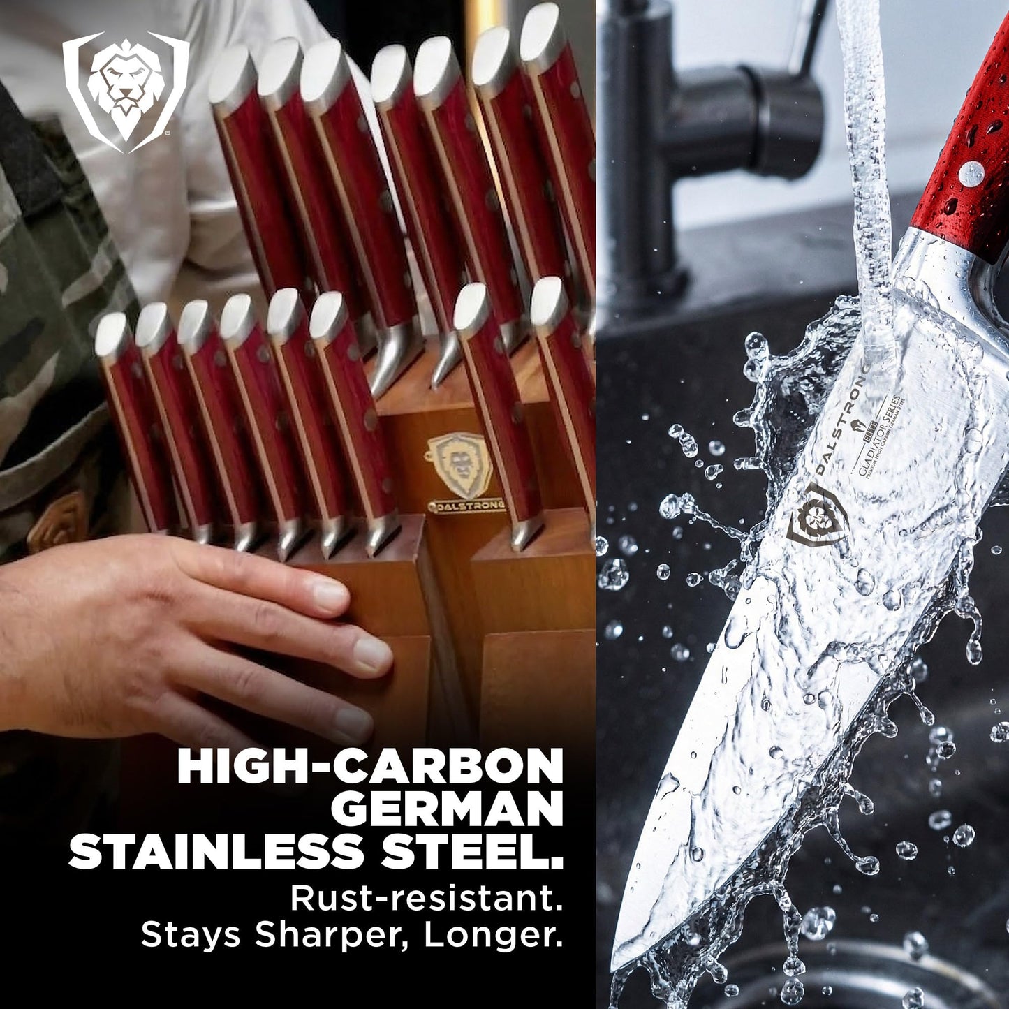Dalstrong 18-Piece Gladiator Colossal Knife Block Set (Red Handles) — German High-Carbon Steel, Full-Tang, Hand-Sharpened — For Home Chefs, Wedding Registries & Serious Kitchens — Acacia Block, NSF