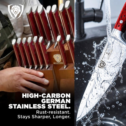Dalstrong 18-Piece Gladiator Colossal Knife Block Set (Red Handles) — German High-Carbon Steel, Full-Tang, Hand-Sharpened — For Home Chefs, Wedding Registries & Serious Kitchens — Acacia Block, NSF