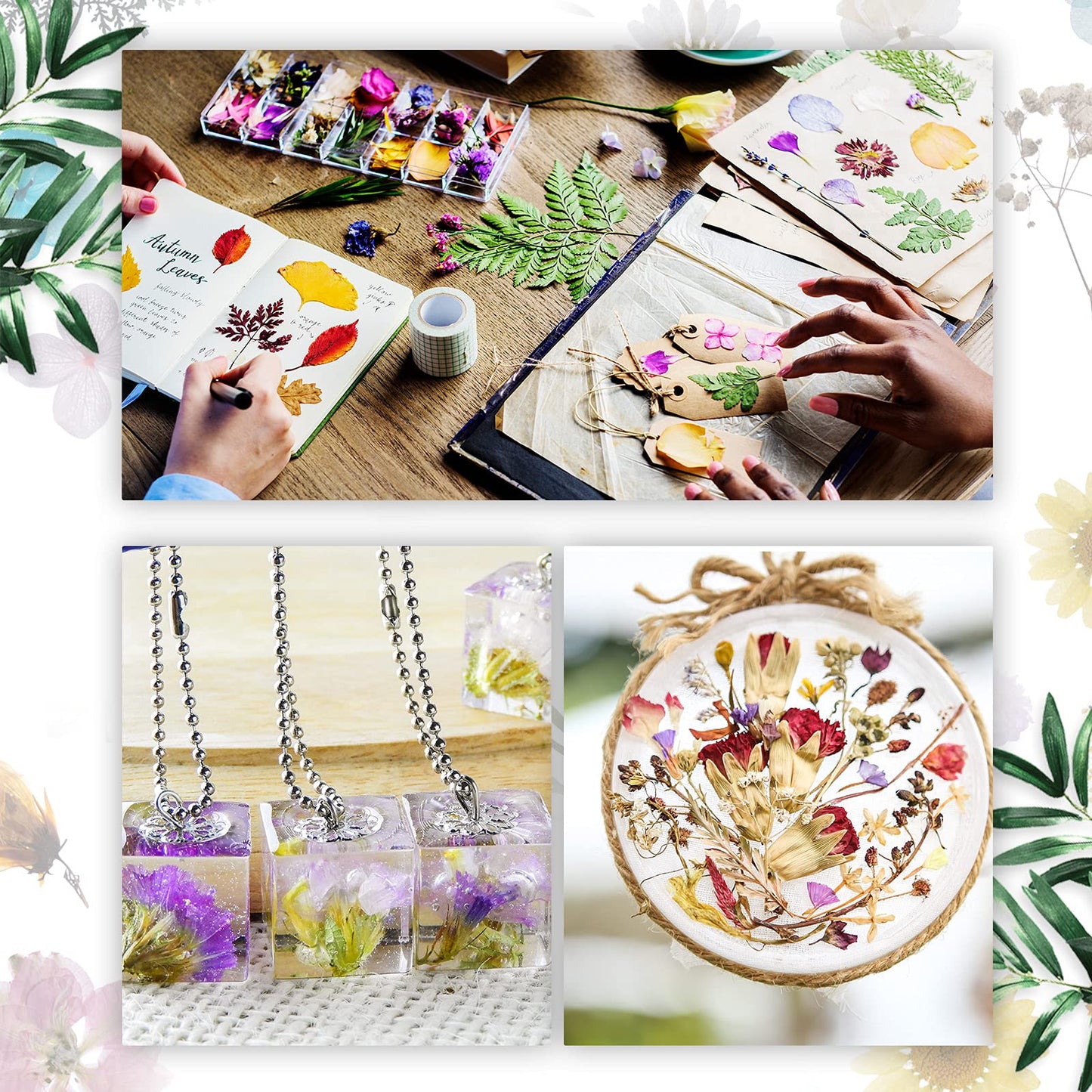 Nuanchu 200 Pcs Natural Dried Pressed Flowers and Leaves Resin Real Dried Flower Leaves Mixed with Tweezers for DIY Jewelry Candle Soap Vase Making Nail Card Scrapbook Art Craft Floral Decors