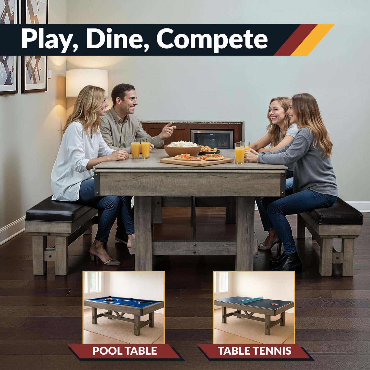 Hathaway Logan 7 Foot Pool Table Combo with Benches – Billiard Table with Ping Pong and Dining Tops – Comes with Complete Game Accessories and Built-In Storage - Rustic Gray Barnwood Finish, Blue Felt