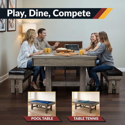 Hathaway Logan 7 Foot Pool Table Combo with Benches – Billiard Table with Ping Pong and Dining Tops – Comes with Complete Game Accessories and Built-In Storage - Rustic Gray Barnwood Finish, Blue Felt