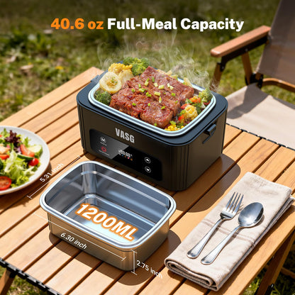 VASG 2026 Upgraded Cordless Heated Lunch Box for Adults, XXL 5.1-Cup Electric Lunch Box with 360° Surround Rapid Heating, 12000mAh Portable Food Warmer with Timer, LCD Display for Office & Car