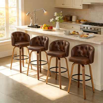 Dorlicecass 26" H Counter Height Bar Stools Set of 4，360°Swivel Bar Stools with Back,Seat Height Upholstered Counter Stools with Wood Legs and Footrest，Leather Farmhouse（Brown）