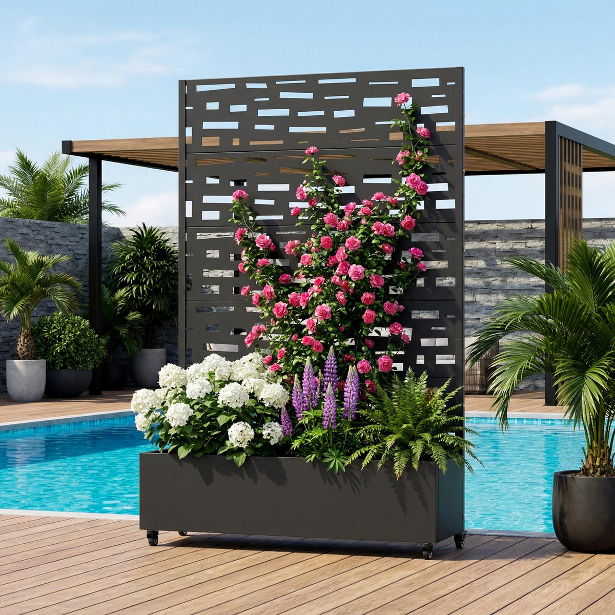 Wooakway 72" H Raised Garden Bed with Trellis and Wheels, Metal Privacy Screen Outdoor Planter Box for Patio, Backyard & Balcony, Large Capacity Mobile Vertical Planter for Climbing Plants, Black