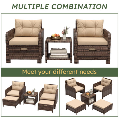 LHBcraft Balcony Furniture 5 Piece Patio Furniture Set, PE Rattan Patio Chairs Conversation Set with Soft Cushions 2 Ottoman & Table for Porch, Lawn, Garden, Beige