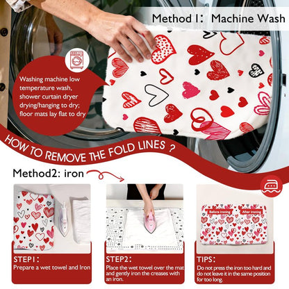 Mocsicka Valentines Shower Curtain Set for Bathroom, 4Pcs Doodle Style Red Heart Valentine Bathroom Sets with Non Slip Rugs, Toilet Lid Cover, Bath Mat, Shower Curtain, Bathroom Decor with 12 Hooks