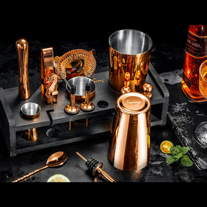 Soing 24-Piece Cocktail Shaker Set,Perfect Home Bartender Kit for Drink Mixing,Stainless Steel Bar Tools With Stand,Velvet Carry Bag & Recipes Cards Included (Rose copper)