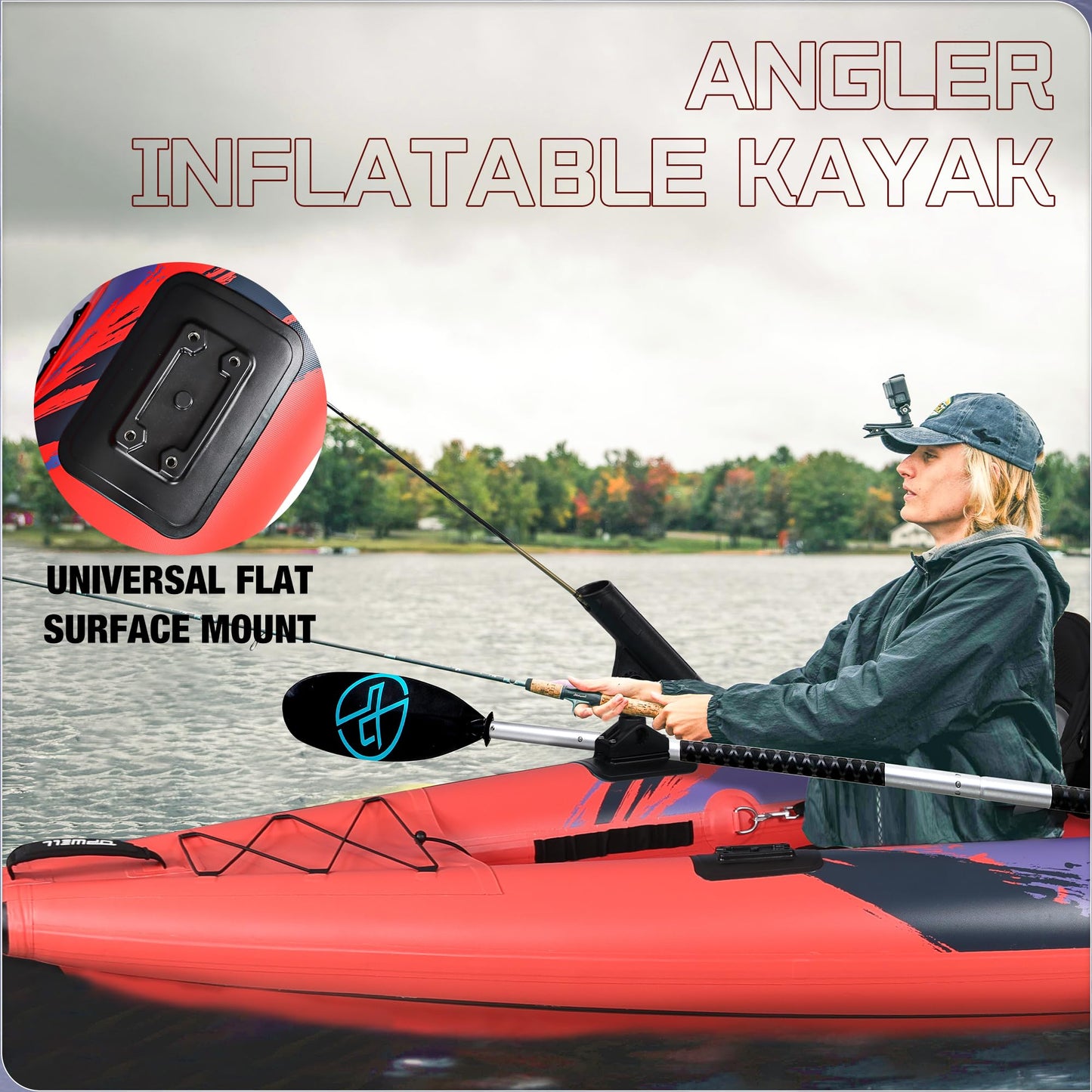 Angler 14'6" Inflatable Fishing Kayak with Drop Stitch Floor 2-3 Person Adult Blow up Kayaks Foldable Pedal Boat Canoe, Red