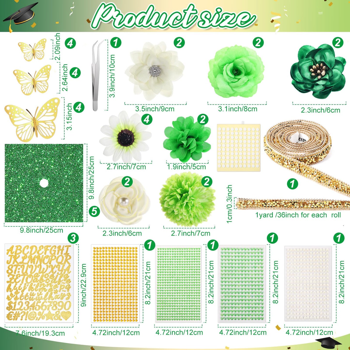Wavwavw 43 PCS DIY Graduation Cap Decorations Kit, Grad Cap Decorations Included Faux Flowers 3D Butterfly Self Adhesive Rhinestones Stickers Alphabet Letter Stickers for 2026 Grad Party(Green)